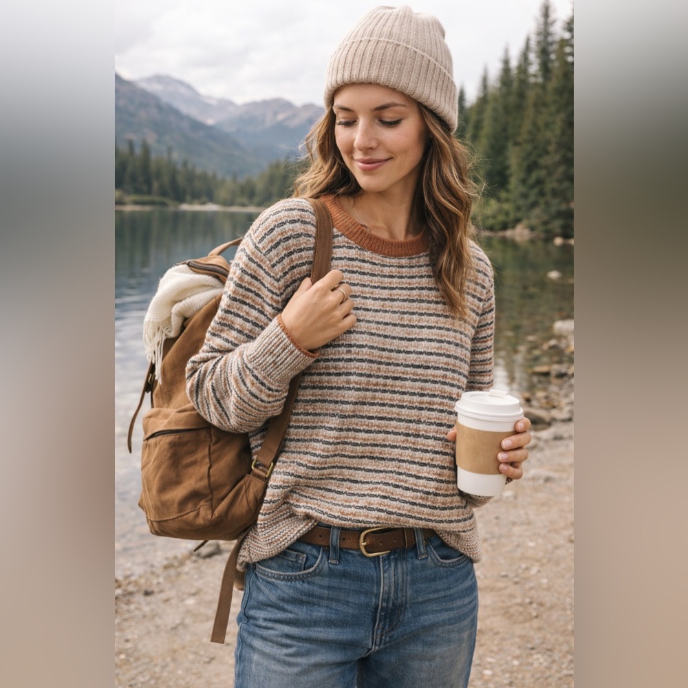a.n.a Striped Knit Sweater Women’s Large Neutral Rust Cream Long Sleeve